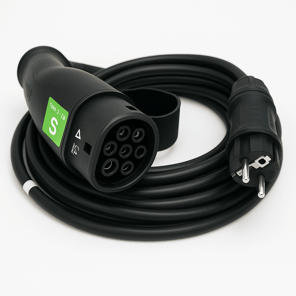 Ladekabel Type 2 til husholdningsstik 230V 6–16A – Evconnect – produktbillede forfra | Evconnect