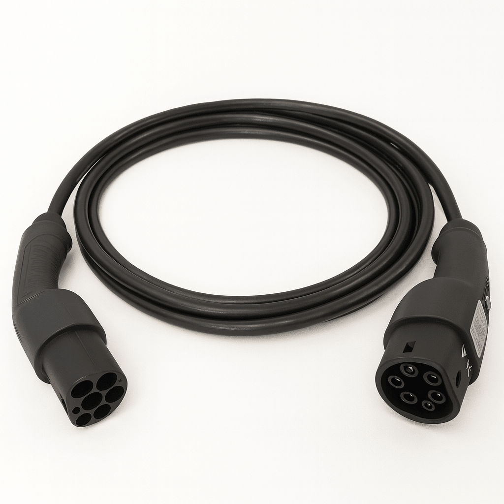 Ladekabel Type 2 til Type 2 11/22 kW 400 V 16/32A 3-faset med Tesla knap Evconnect - produktbillede forfra | Evconnect