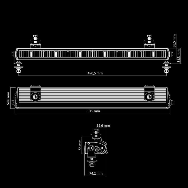 LED rampe Dark Knight Nuuk 20″ 9.500 lm - til Fiat 500 - dimensionsspecifikation | Carlevel
