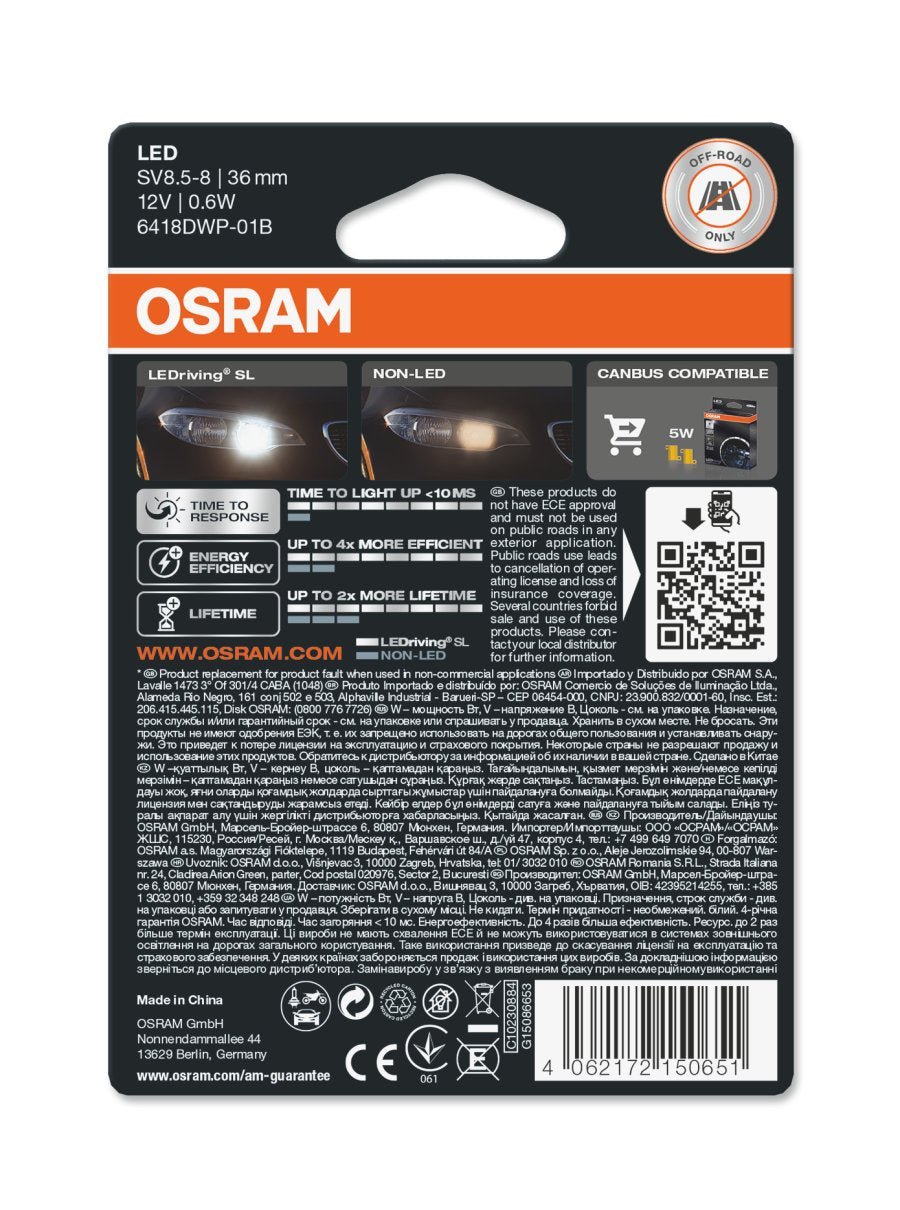 sidebillede, der viser profil og design af LED-drivende LED-lampe SL C5W (36 mm) - Hvid - OSRAM