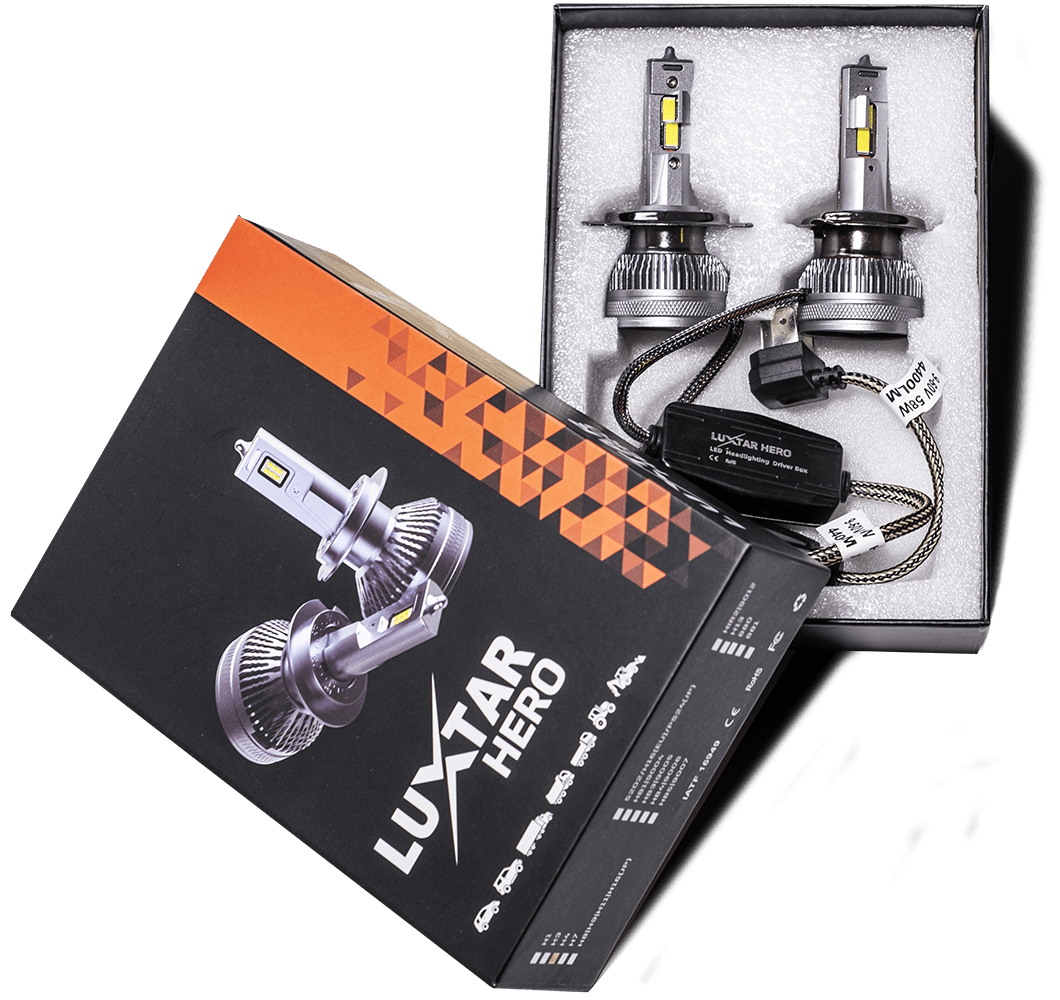HERO H4 – 4.400 lm – 58 W – emballage og indhold | LUXTAR