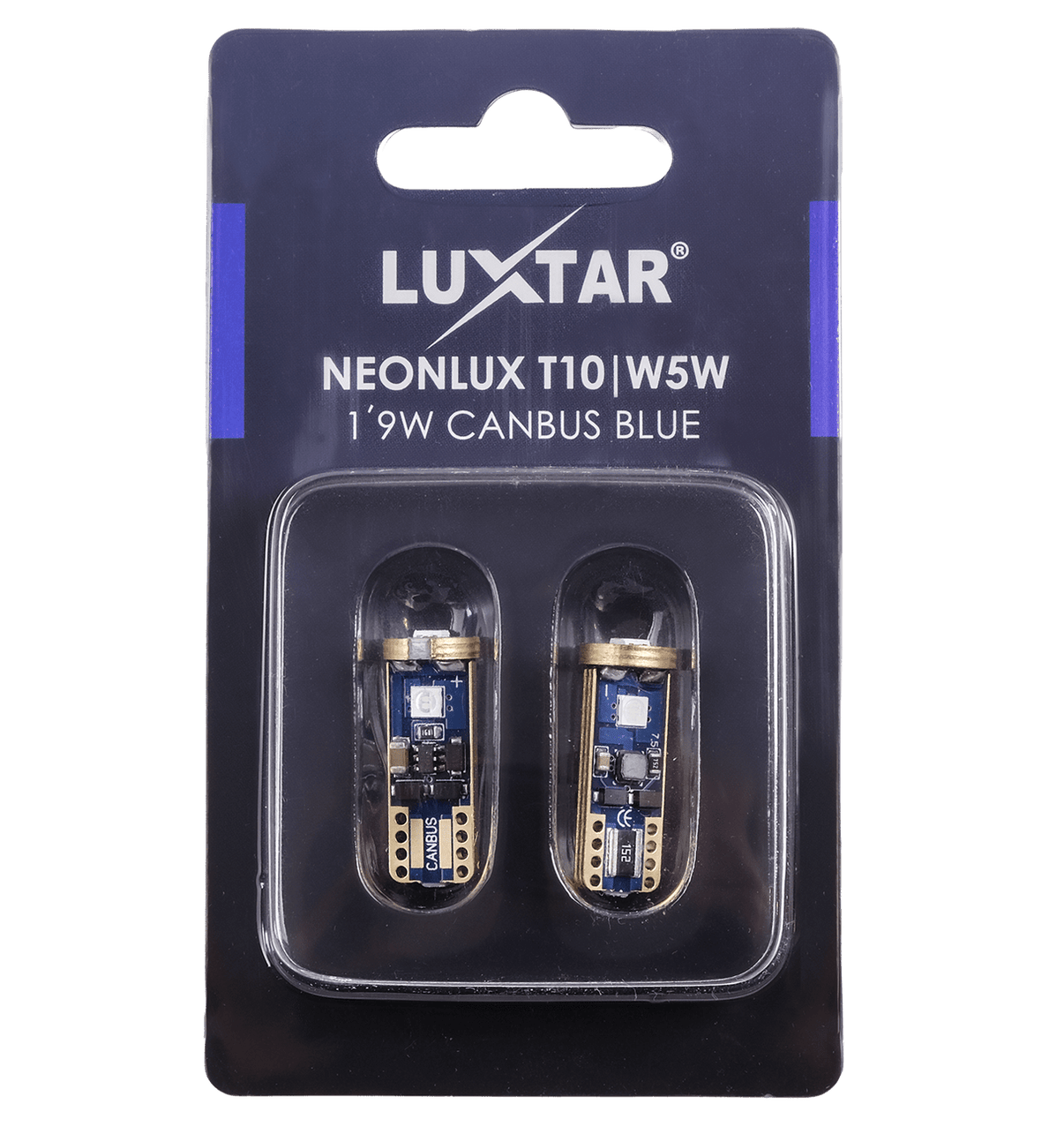 NeonLux – T10 W5W – Canbus – Blå – 130 lm – 1,9W – LUXTAR – emballage og indhold | LUXTAR
