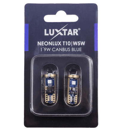 NeonLux – T10 W5W – Canbus – Blå – 130 lm – 1,9W – LUXTAR – emballage og indhold | LUXTAR