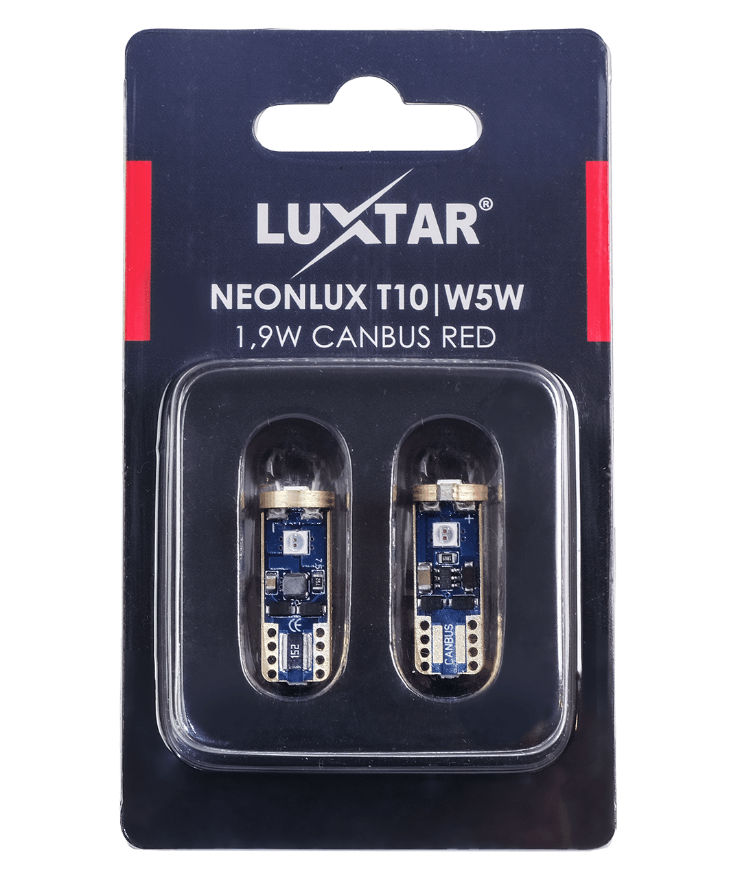 NeonLux – T10 W5W – Canbus – Rød – 130 lm – 1,9W – LUXTAR – emballage og indhold | LUXTAR