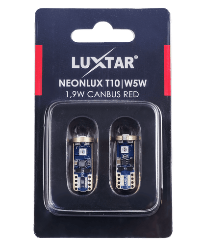 NeonLux – T10 W5W – Canbus – Rød – 130 lm – 1,9W – LUXTAR – emballage og indhold | LUXTAR