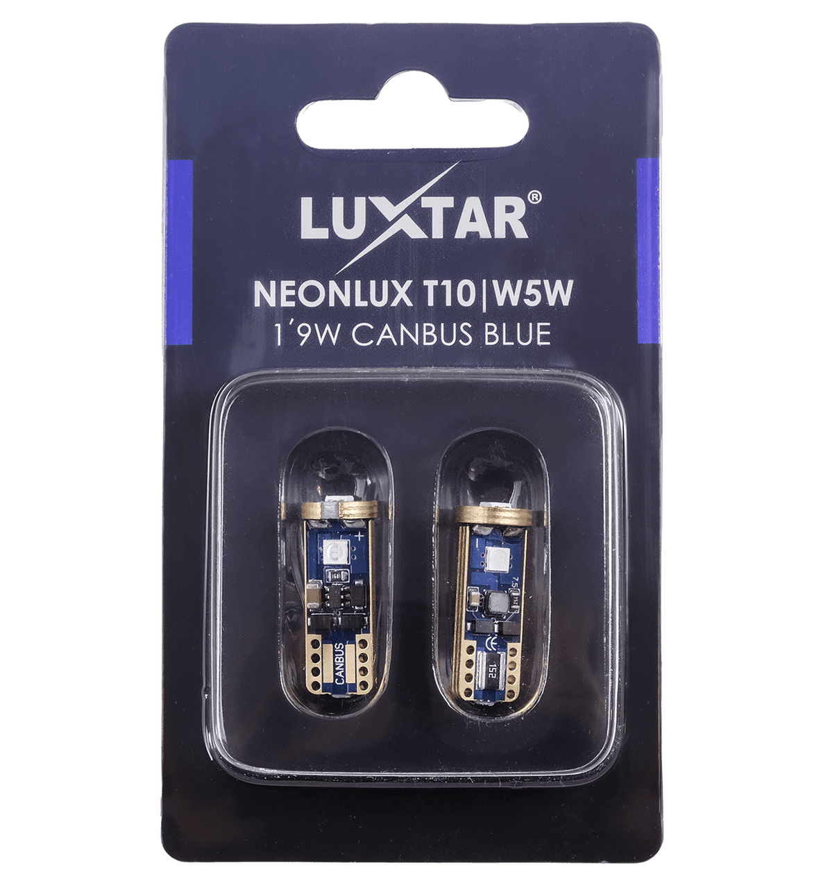NeonLux – T10 W5W – Canbus – Blå – 130 lm – 1,9W – LUXTAR – emballage og indhold | LUXTAR