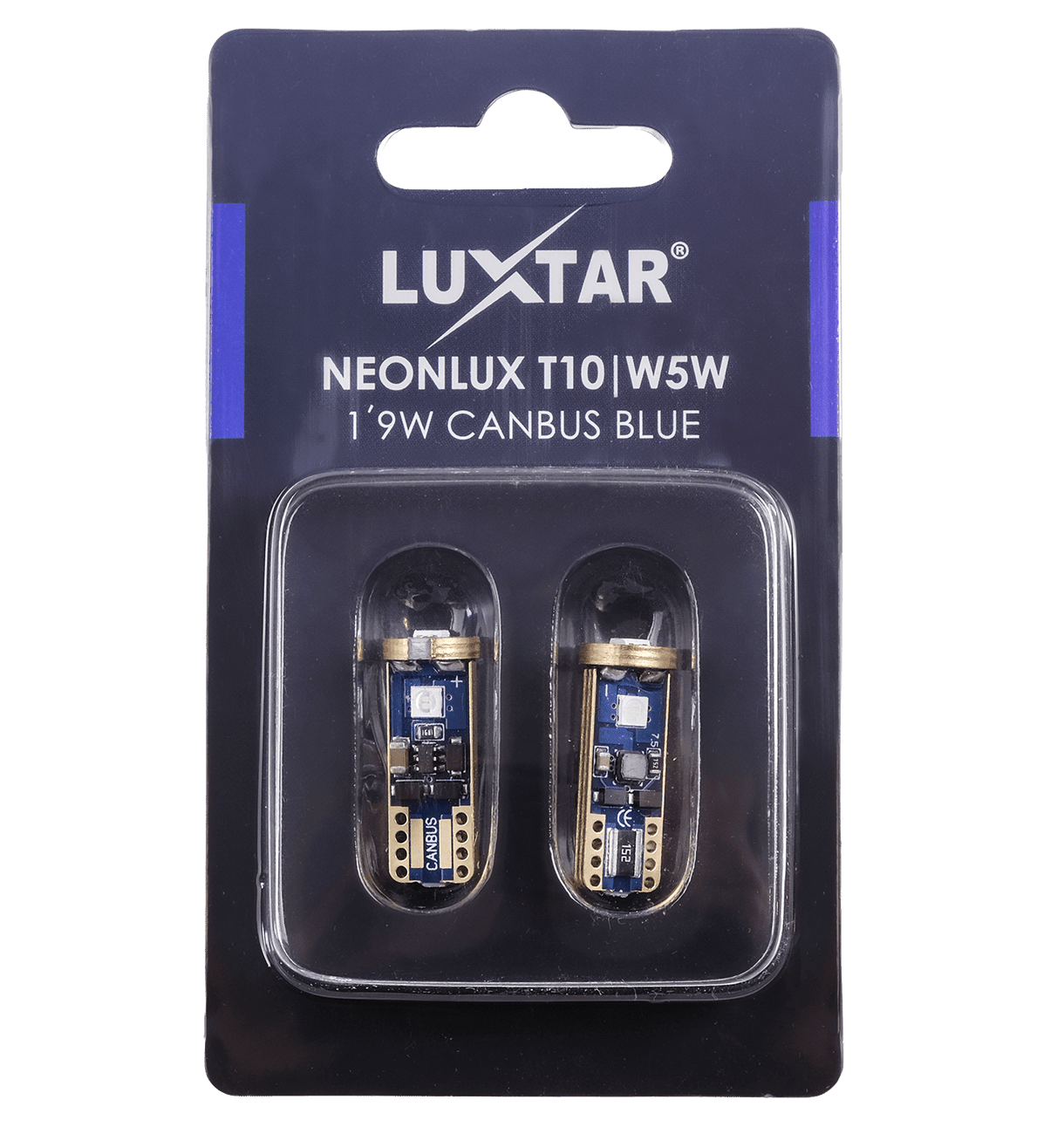 NeonLux – T10 W5W – Canbus – Blå – 130 lm – 1,9W – LUXTAR – emballage og indhold | LUXTAR