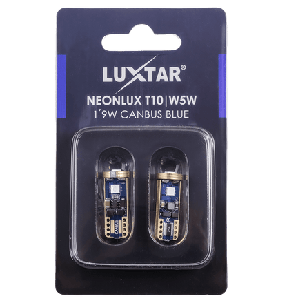 NeonLux – T10 W5W – Canbus – Blå – 130 lm – 1,9W – LUXTAR – emballage og indhold | LUXTAR