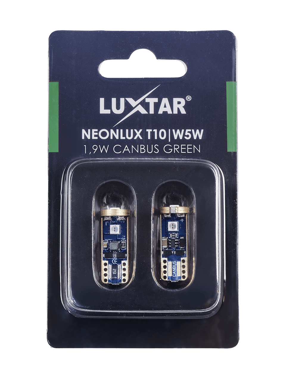 NeonLux - T10 W5W - Canbus - Grøn - 130 lm - 1,9W - LUXTAR - emballage og indhold | LUXTAR
