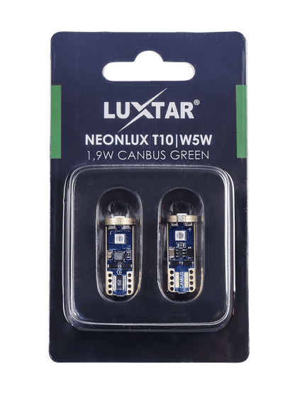 NeonLux - T10 W5W - Canbus - Grøn - 130 lm - 1,9W - LUXTAR - emballage og indhold | LUXTAR