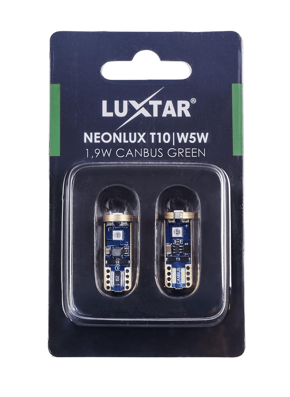 NeonLux - T10 W5W - Canbus - Grøn - 130 lm - 1,9W - LUXTAR - emballage og indhold | LUXTAR