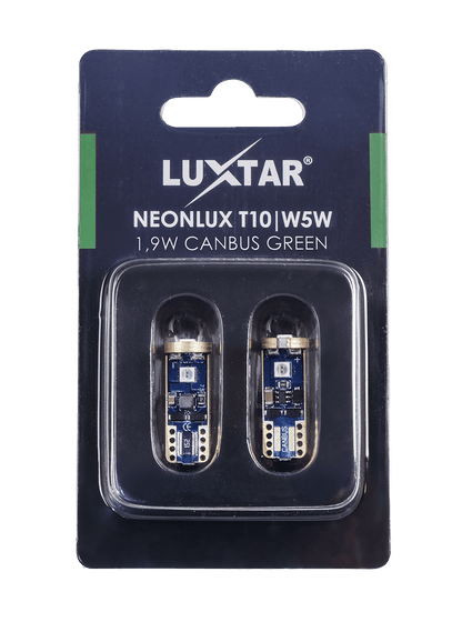 NeonLux - T10 W5W - Canbus - Grøn - 130 lm - 1,9W - LUXTAR - emballage og indhold | LUXTAR