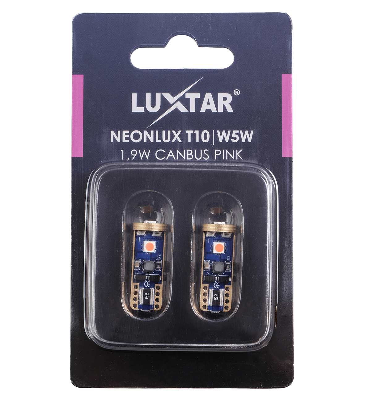 NeonLux – T10 W5W – Canbus – Pink – 130 lm – 1,9W – LUXTAR – emballage og indhold | LUXTAR