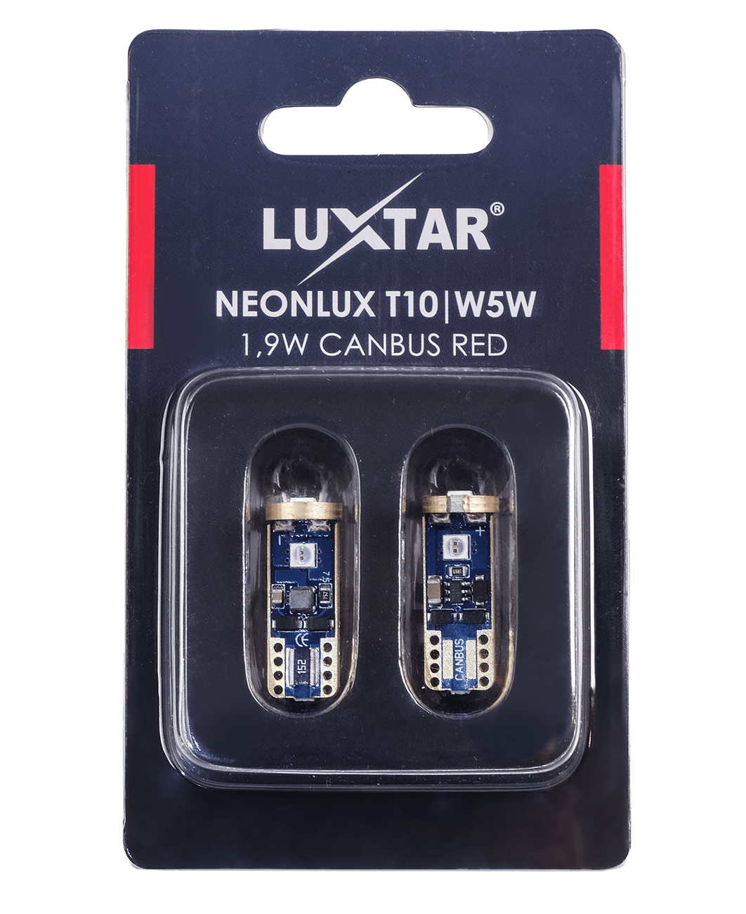 NeonLux – T10 W5W – Canbus – Rød – 130 lm – 1,9W – LUXTAR – emballage og indhold | LUXTAR
