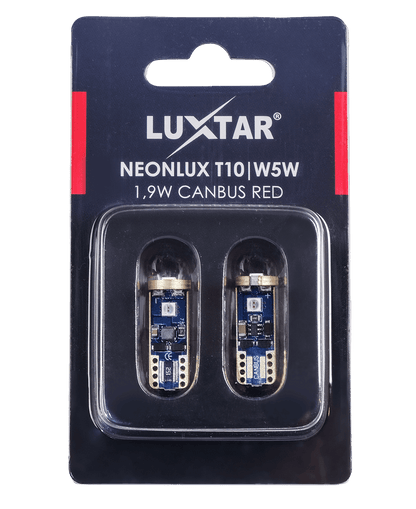 NeonLux – T10 W5W – Canbus – Rød – 130 lm – 1,9W – LUXTAR – emballage og indhold | LUXTAR