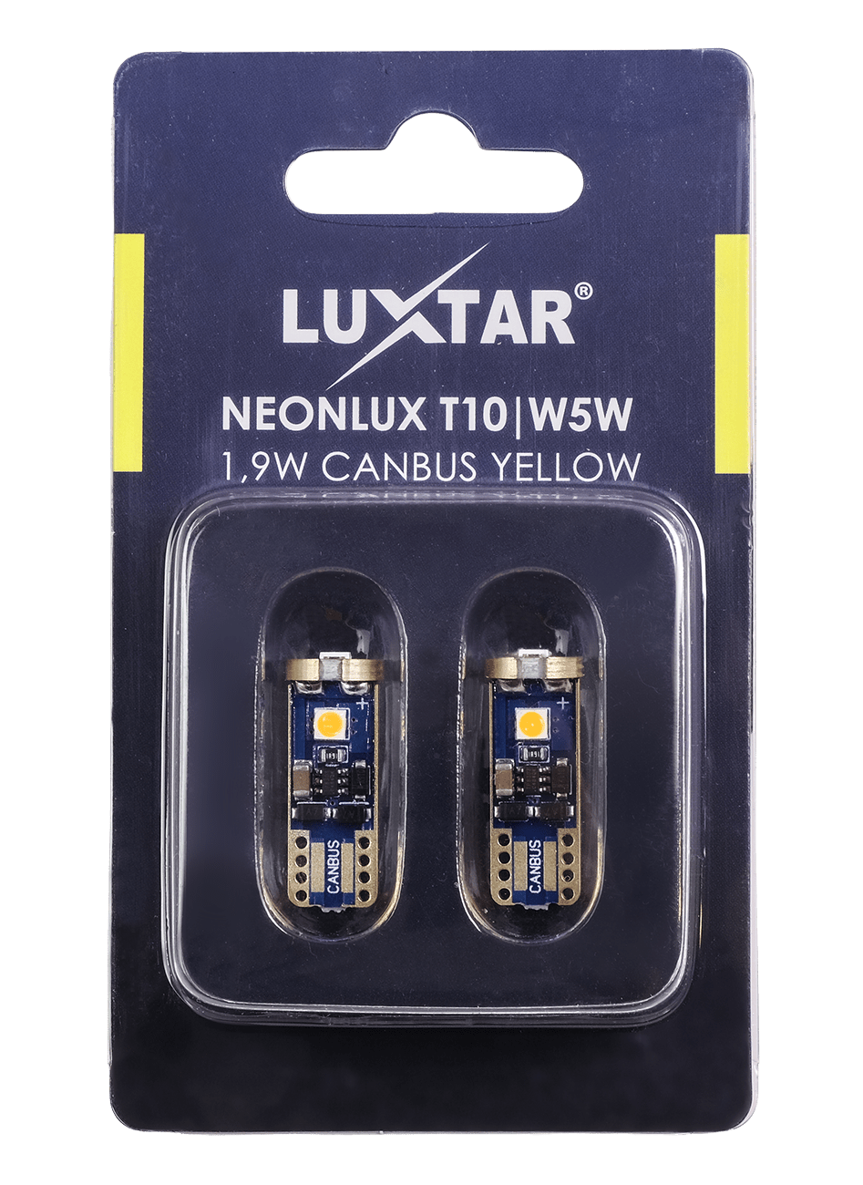 NeonLux – T10 W5W – Canbus – Gul – 130 lm – 1,9W – LUXTAR – emballage og indhold | LUXTAR