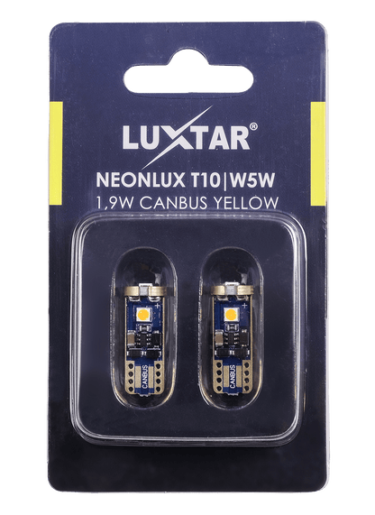 NeonLux – T10 W5W – Canbus – Gul – 130 lm – 1,9W – LUXTAR – emballage og indhold | LUXTAR