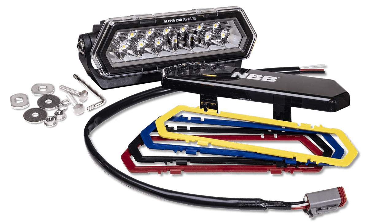 NBB Alpha 230 Pro LED ekstra lysrampe - emballage og indhold | NBB
