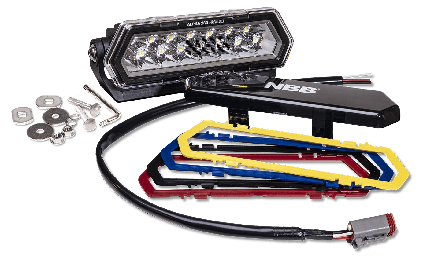NBB Alpha 230 Pro LED ekstra lysrampe - emballage og indhold | NBB