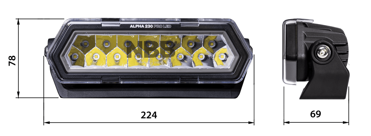 NBB Alpha 230 Pro LED ekstra lysrampe - dimensionsspecifikation | NBB