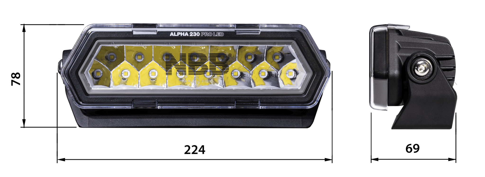 NBB Alpha 230 Pro LED ekstra lysrampe - dimensionsspecifikation | NBB