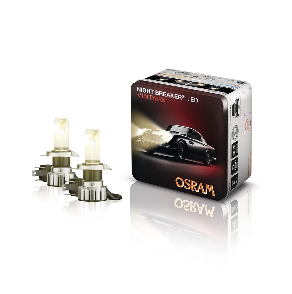 produktbillede forfra, der viser NIGHT BREAKER LED VINTAGE H4 – Street Legal – OSRAM