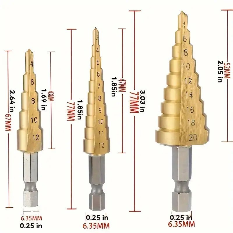Step Drill Bits Titanium Coating Sæt 3 stk HSS - Til træ Metal Højpræcisionsværktøj - nærbillede detaljer | Carlevel