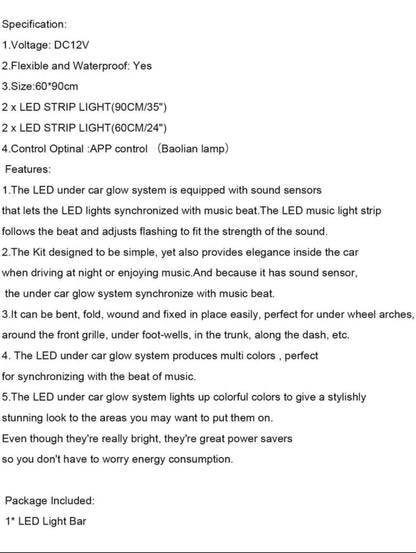 Vandtæt Underglow LED Kit med App Control - Farverig bilbelysning 2x90cm & 2x60cm - Carlevel - 