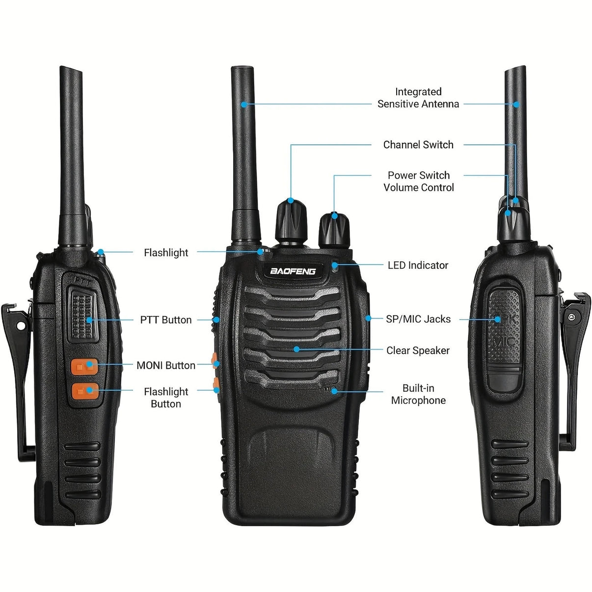 Walkie Talkie 2-pak - Tovejsradio med LED-lys og USB-opladning - Produkt set fra siden | Carlevel